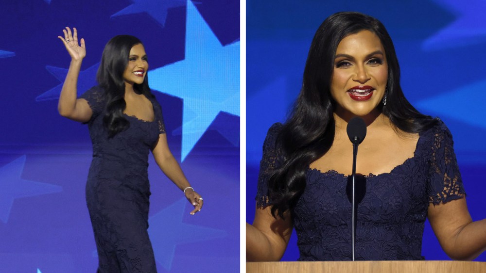 Mindy Kaling arrives to speak on stage during the third day of the Democratic National Convention at the United Center on Aug. 21 in Chicago, navy blue Monique Lhuillier midnight sky color, Guipure dress tulip lace