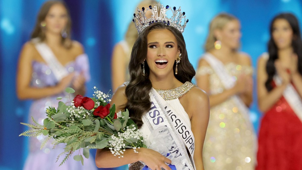 sherri hill dress, LOS ANGELES, CALIFORNIA - AUGUST 01: Addie Carver, Miss Mississippi Teen USA (C) is crowned Miss Teen USA onstage during the 73rd Annual Miss Teen USA Pageant at Peacock Theater on August 01, 2024 in Los Angeles, California. (Photo by Kevin Winter/Getty Images)