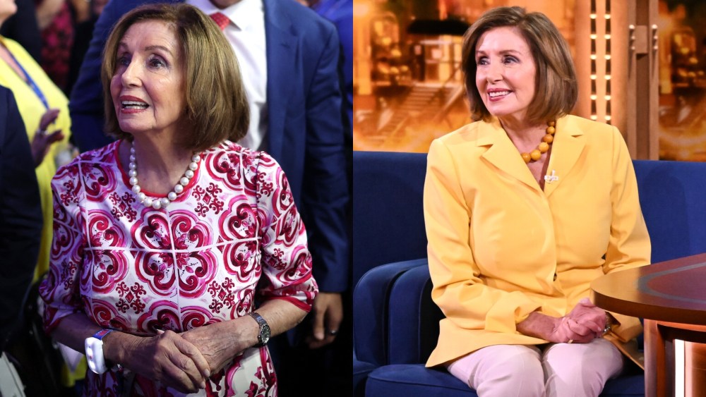 Nancy Pelosi in pink Dolce & Gabbana suit at the Democratic National Convention on Aug. 20, left. Nancy Pelosi on 'The Late Show with Stephen Colbert' on Aug. 20, right.