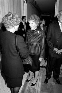Nancy Reagan attends the dedication of the Ronald Reagan Suite, named for the late U.S. president, at St. Regis Tower Century City in Los Angeles, California, on January 27, 1999.