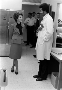 Nancy Reagan visits a Veterans Administration facility  in October 1973.