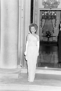 Nancy Reagan leaves her hotel before attending an event at Buckingham Palace in London, England, on July 28, 1981.