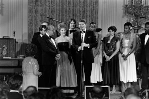 Dignitaries including Joao Figueiredo, Nancy Reagan, and Ronald Reagan attend an event, celebrating the visit of Brazil's president, at the White House in Washington, D.C., on May 12, 1982.