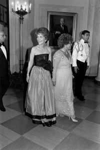 Nancy Reagan and Dulce Figueiredo attend an event, celebrating the visit of Brazil's president, at the White House in Washington, D.C., on May 12, 1982.