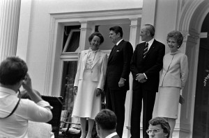 Veronica Carstens, Ronald Reagan, Karl Carstens, and Nancy Reagan attend a meeting of NATO leaders at Schloss Augustuburg castle in Bruhl, Germany, on June 10, 1982.