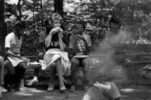First lady Nancy Reagan and children on camp grounds.