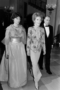 Danielle Mitterand, Nancy Reagan, and Francois Mitterand attend an event at the White House in Washington, D.C., on March 22, 1984.