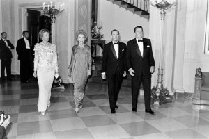 Princess Josephine-Charlotte of Belgium, Nancy Reagan, Grand Duke Jean of Luxembourg, and Ronald Reagan attend an event at the White House in Washington, D.C., on November 16, 1984.