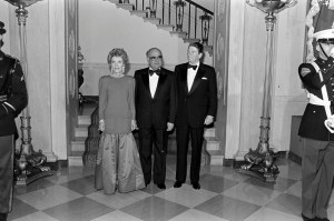 Nancy Reagan, President Jaime Luscinchi of Venezuela, and Ronald Reagan attend an event at the White House in Washington, D.C., on December 4, 1984.