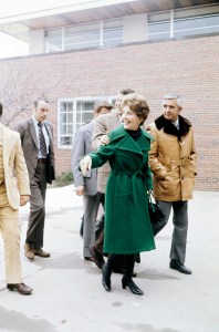 Nancy Reagan and guests attend the 1976 New Hampshire Republican presidential primary at Saint Anselm College during Ronald Reagan's campaign on February 24, 1976.