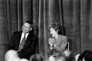 Colin Powell and Nancy Reagan attend an event at the Ronald Reagan Presidential Library in Simi Valley, California, on November 9, 1993.