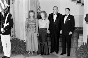 Hannelore Kohl, Nancy Reagan, Chancellor Helmut Kohl of West Germany, and Ronald Reagan attend an event at the White House in Washington, D.C., on October 21, 1986.
