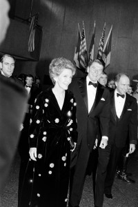 U.S. First Lady Nancy Reagan, U.S. President Ronald Reagan, and Canadian Prime Minister Pierre Trudeau attend an event during an official U.S. visit to Ottowa, Canada, on March 11, 1981.