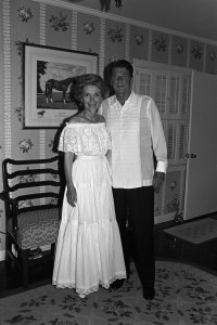 Nancy Reagan wearing a Mexican wedding dress with husband Ronald at their party, Ronald's first one post-heart attack, at their rented East Coast home, Wexford, 60 miles from the White House, held for top GOP moneyraisers on September 5, 1980 in Middleburg, Virginia.