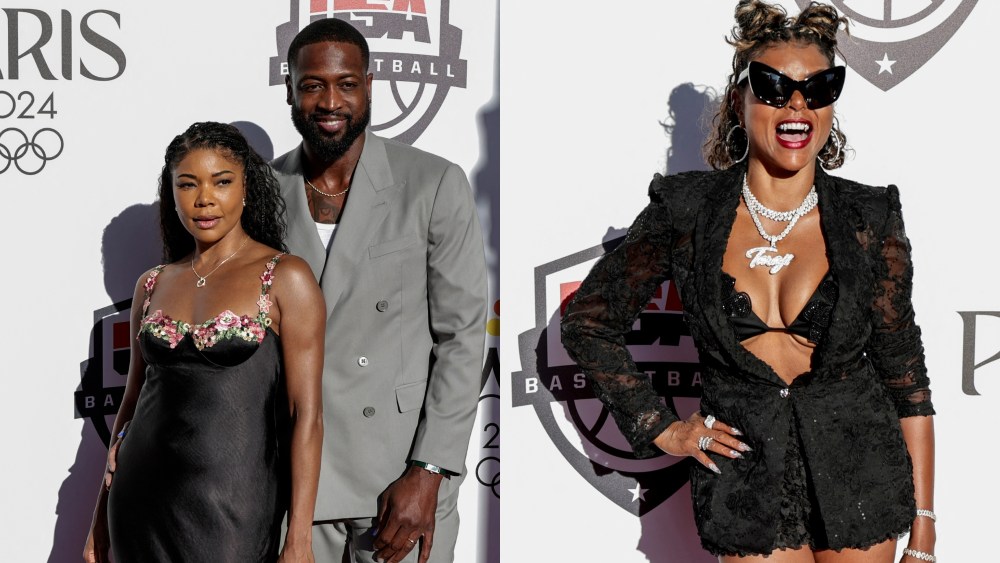 (L-R) Gabrielle Union, Dwyane Wade and Taraji P. Henson pose at an event with the US men and women basketball teams, at the Team USA house at Palais Brongniart in Paris on Aug. 5 during the Paris 2024 Olympic Games.