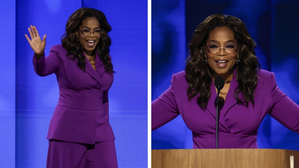 Oprah Winfrey arrives to speak on stage during the third day of the Democratic National Convention at the United Center on Aug. 21, 2024 in Chicago, purple outfit suit, christian siriano