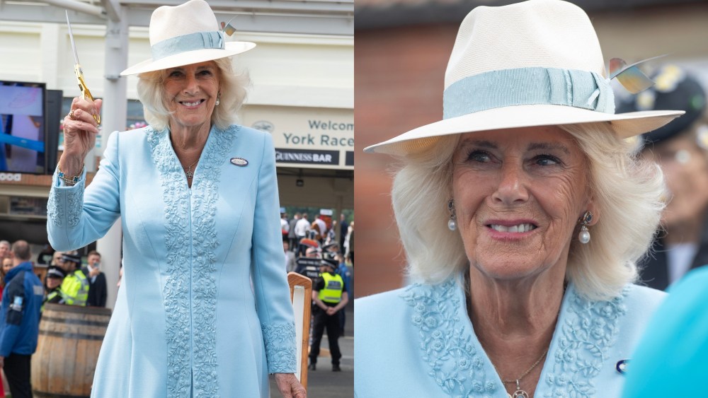 queen camilla wears fiona clare dress, ebor festival