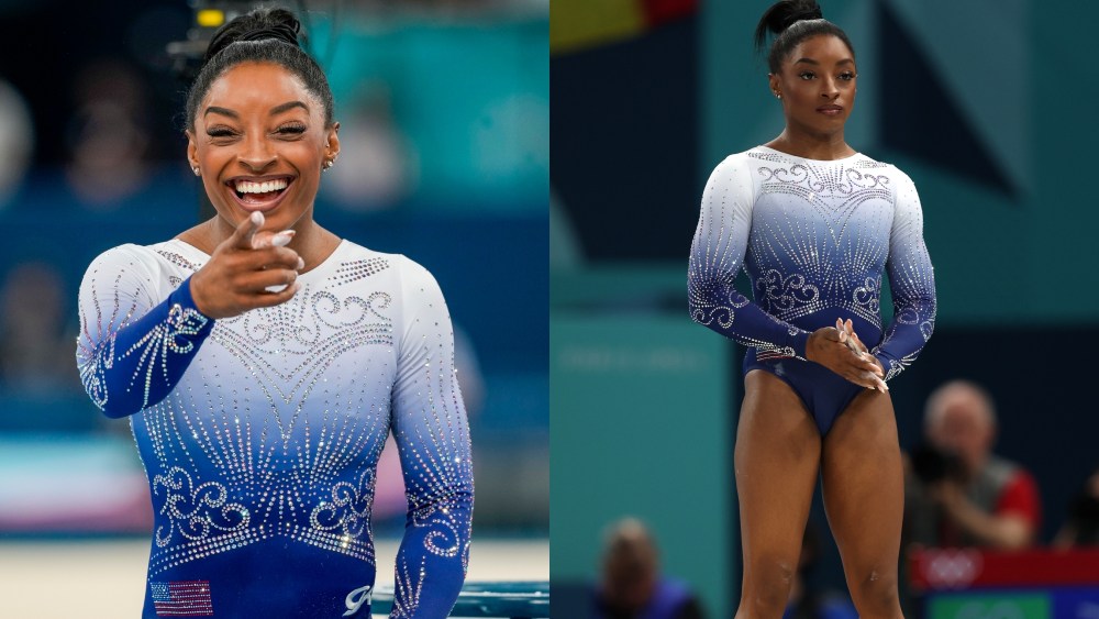 PARIS, FRANCE - AUGUST 05: Simone Biles of Team United States prepares to compete in the Artistic Gymnastics Women's Balance Beam Final on day ten of the Olympic Games Paris 2024 at Bercy Arena on August 05, 2024 in Paris, France, new leotard