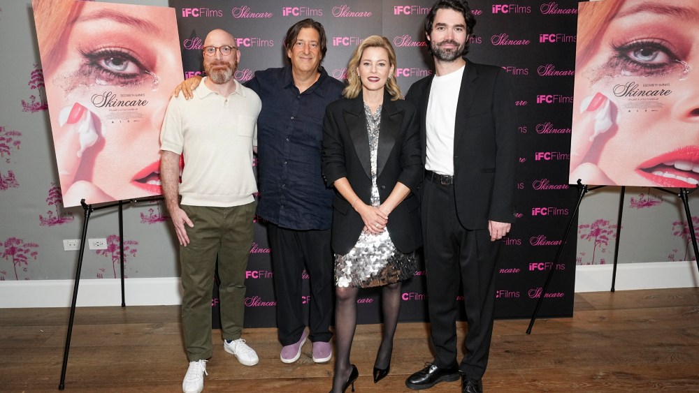 (2nd from Left to Right) Jonathan Schwartz, Elizabeth Banks and Austin Peters at the “Skincare” New York premiere held at Crosby Street Hotel on Aug. 13, 2024 in New York City.