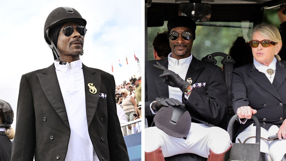 Snoop Dogg watching the Dressage Team Grand Prix Special at the Chateau de Versailles at the 2024 Paris Olympic Games on Aug. 3, Roeckl gloves, givenchy star aviator sunglasses, Shadowmatt helmet, equestrian inspired dressed outfit look