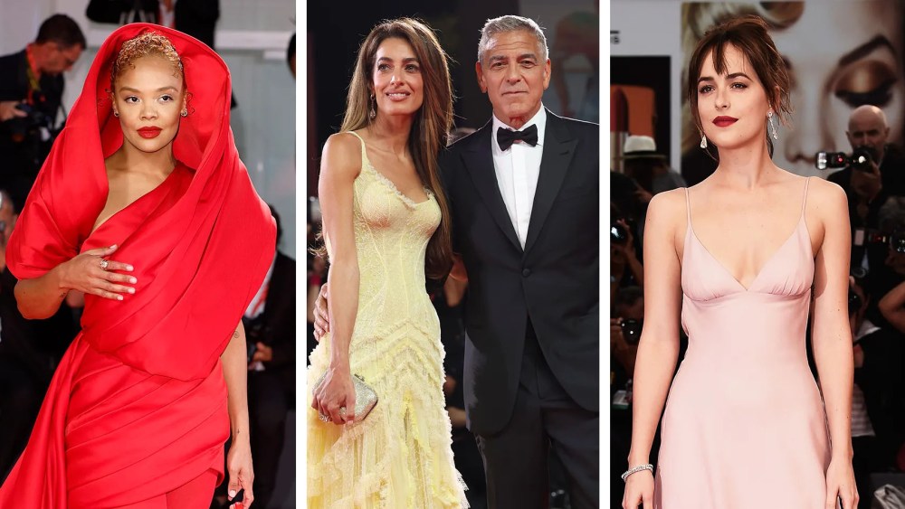 Tessa Thompson (2022), Amal and George Clooney (2024) and Dakota Johnson (2015) on the red carpet at the Venice International Film Festival.