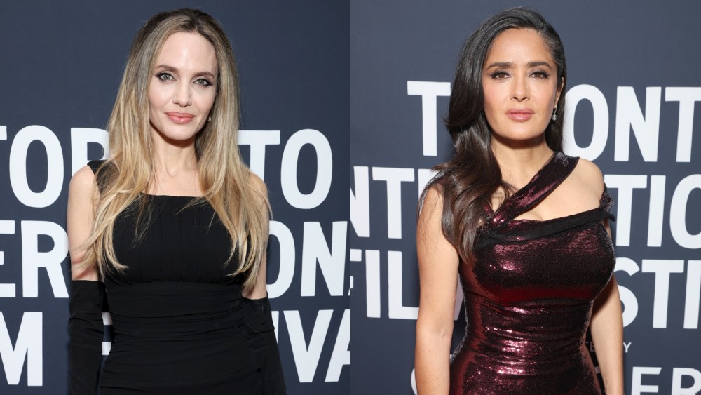 Angelina Jolie and Salma Hayek attend the premiere of "Without Blood" during the 2024 Toronto International Film Festival on Sept. 8, red carpet, Gucci, Dolce & Gabbana