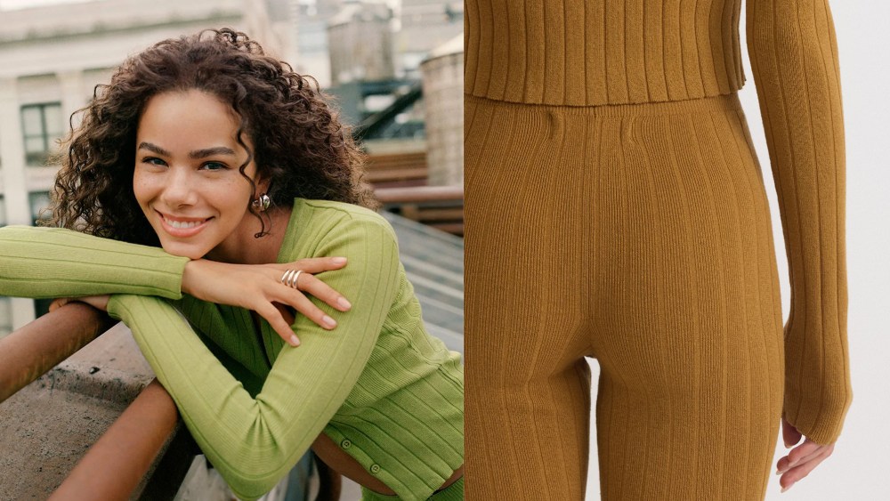 woman wearing green clothing set; woman wearing clay colored ribbed lounge pants and top