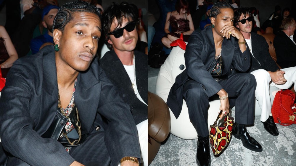 A$AP Rocky with snakeskin sardine bag and Jacob Elordi front row at the Bottega Veneta spring 2025 show during Milan Fashion Week on September 21.