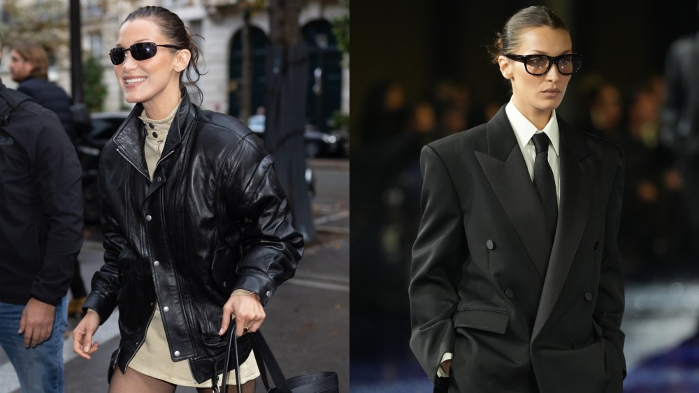 Bella Hadid in Paris on Sept. 23; Bella Hadid walks in Saint Laurent's spring 2025 fashion show in Paris on Sept. 24, suit, with jean, runway, fashion week