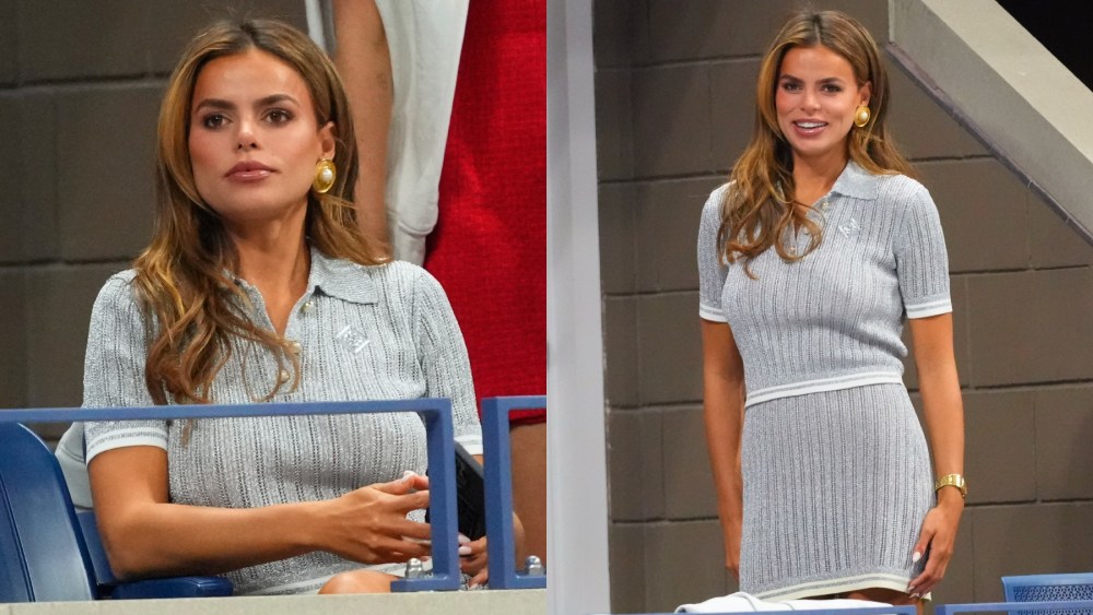 model Brooks Nader at the 2024 U.S. Open on Sept. 4 in New York, Casablanca, statement earrings, tenniscore, knitwear