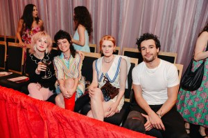 Hayley Williams, Sarah Sherman, Gayle Rankin, and Christopher Abbott at Susan Alexandra X Rachel Antonoff Dog Show RTW Spring 2025 as part of New York Ready to Wear Fashion Week held at the Starrett-Lehigh Building on September 6, 2024 in New York, New York.