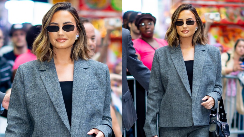 Demi Lovato arrives at "Good Morning America" on Sept. 18 in New York, Loewe, gray suit