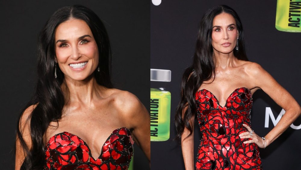 Demi Moore at the premiere of “The Substance” on Sept. 16 in Los Angeles, Oscar de la Renta, red mosaic gown, red carpet