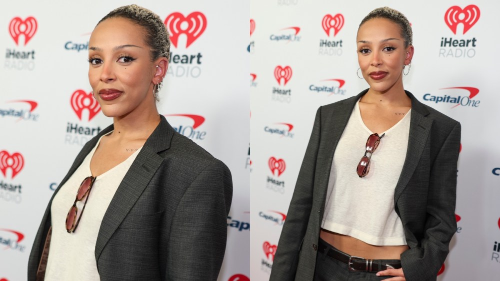 Doja Cat at the iHeartRadio Music Festival on Sept. 21 in Las Vegas, red carpet, gray suit