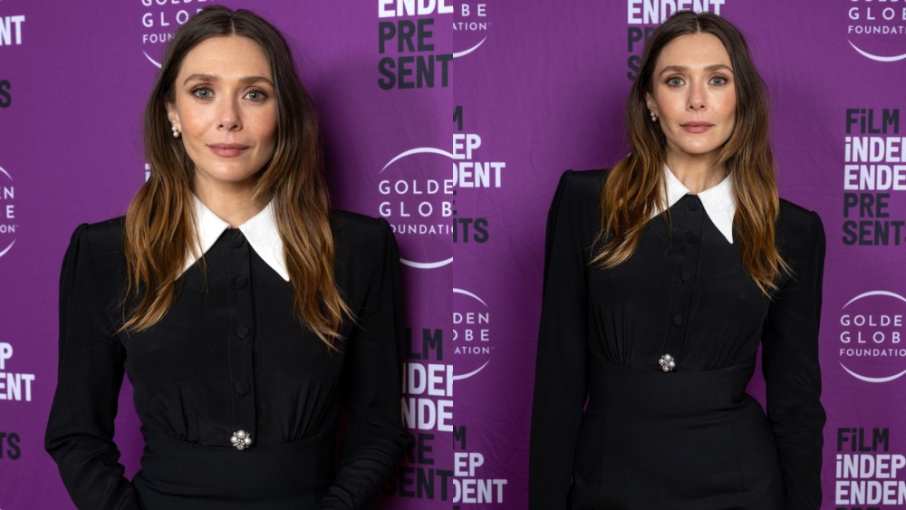 Elizabeth Olsen attends a screening of "His Three Daughters" on Sept. 16 in Los Angeles, Versace, little black dress