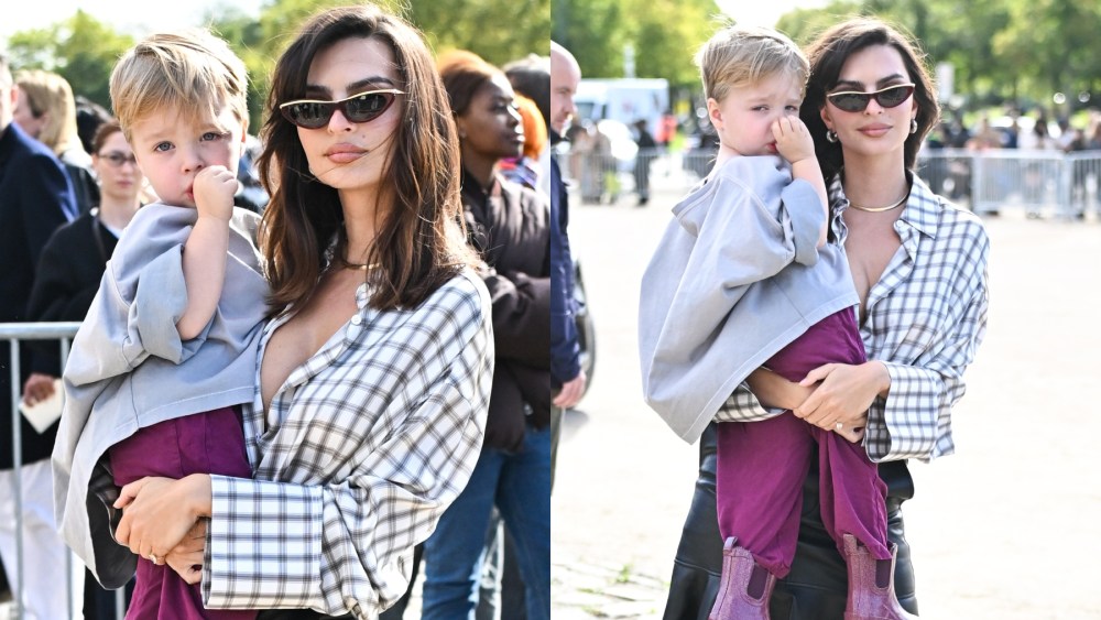 Emily Ratajkowski and Sylvester Apollo Bear attend Loewe's spring 2025 fashion show in Paris on Sept. 27.