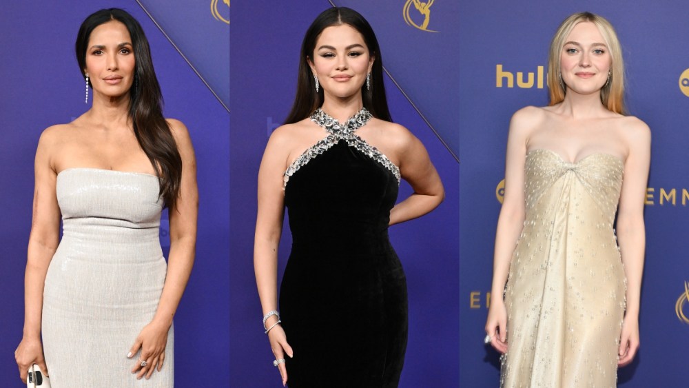 Padma Lakshmi, Selena Gomez and Dakota Fanning at the 2024 Emmy Awards on Sept. 15 in Los Angeles, Ralph Lauren, Armani, red carpet