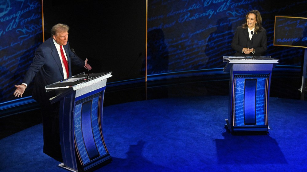 Former US President and Republican presidential candidate Donald Trump speaks during a presidential debate with US Vice President and Democratic presidential candidate Kamala Harris at the National Constitution Center in Philadelphia, Pennsylvania, on September 10, 2024.