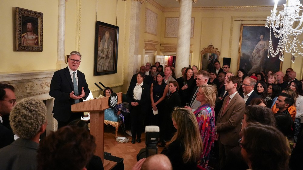Britain's Prime Minister Keir Starmer delivers a speech during a reception at 10 Downing Street, in central London, to mark 40 years of London Fashion Week, on September 16