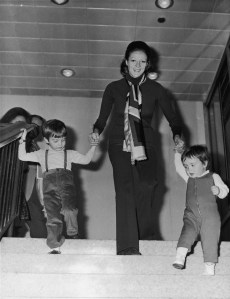 Maggie Smith with her two children, Chris Larkin and Toby Stephens in London, March 1971.