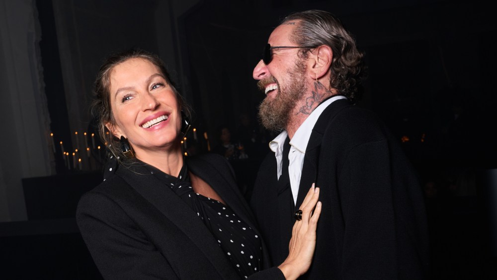 Gisele Bündchen and Stefano Pilati at the Stefano Pilati x Zara launch event during Paris Fashion Week.