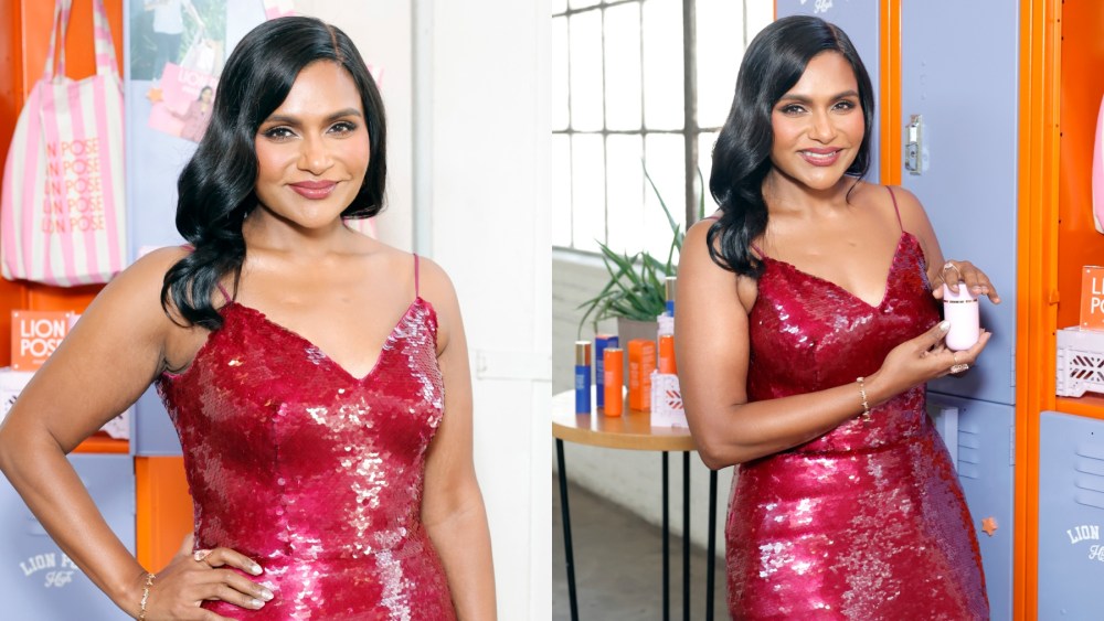 Mindy Kaling attends a Lion Pose launch event on Sept. 17 in Los Angeles, red trend, Monique Lhuillier