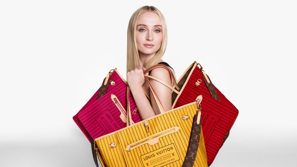 Sophie Turner in the Louis Vuitton campaign for the Neverfull Inside Out bag