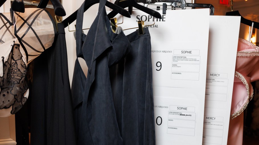 Christian Siriano's two looks featuring Circ Lyocell: a trench coat and a wide-leg pant with an accompanying bra top.