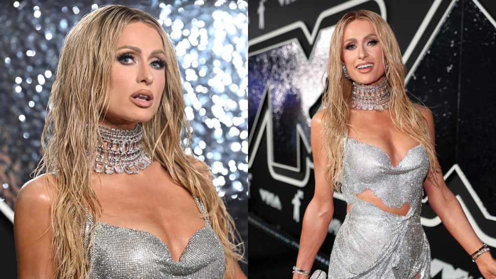 Paris Hilton wears silver dress at the 2024 MTV Video Music Awards on Sept. 11 in Elmont, New York, Celia Kritharioti, red carpet, wet hair