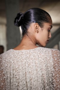 Hairstyle at the Philosophy di Lorenzo Serafini spring 2025 fashion show in Milan.