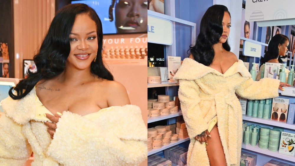 Rihanna attends the launch of Fenty Hair at Selfridges on Sept. 16 in London, Jacquemus, butter yellow, faux fur coat