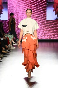 A model walks the runway for Emma Joan Foley during the 17th annual Supima Design Competition at The Prince George Ballroom on September 05, 2024 in New York City.