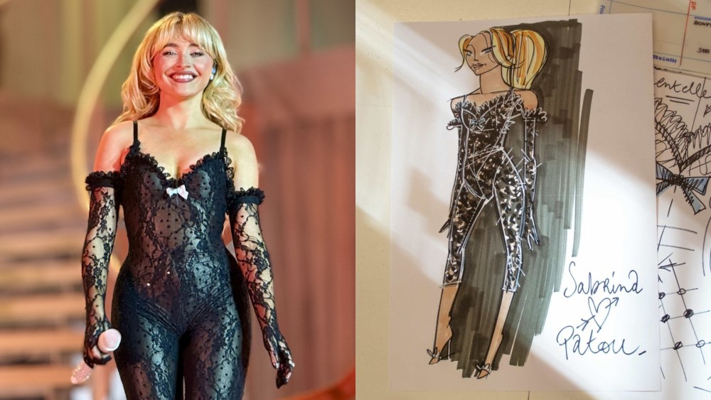 Sabrina Carpenter performs on the "Short n' Sweet Tour," Patou sketch of Sabrina Carpenter's custom look, black lace bodysuit, lingerie