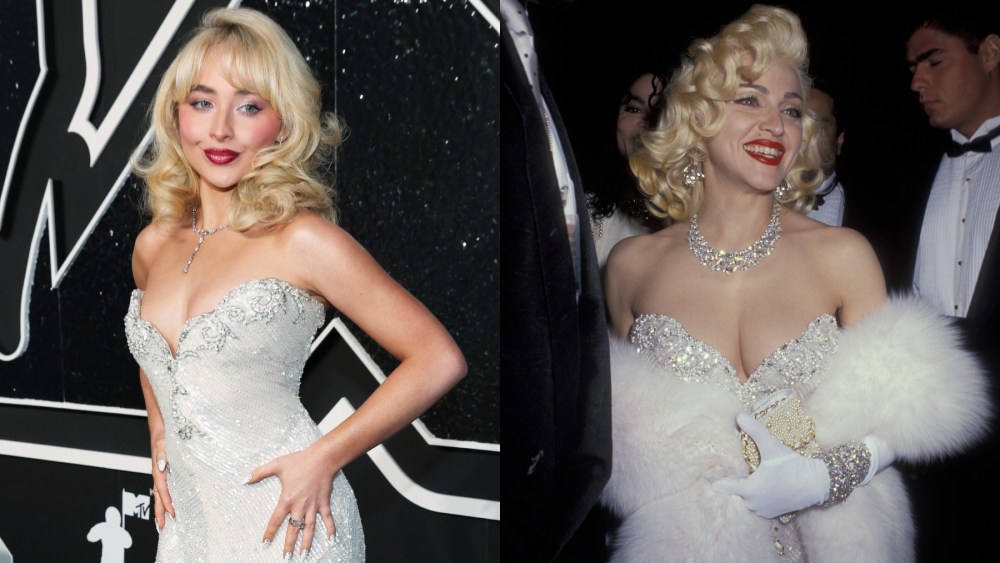 Sabrina Carpenter at the 2024 MTV Video Music Awards on Sept. 11 in Elmont, New York; Madonna at the 1991 Academy Awards.